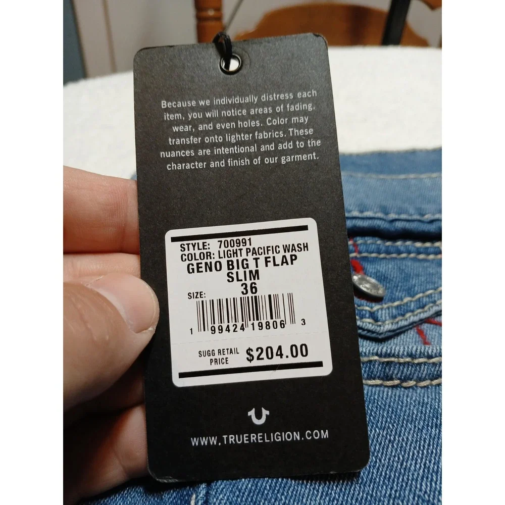 NWT True Religion Geno Big T Flap Slim Jeans Men 36x32 Light Pacific Wash $204